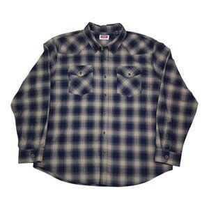 Wrangler Mens Plaid Flannel Button-Up Shirt 2XL Navy & Beige Long Sleeve Classic
